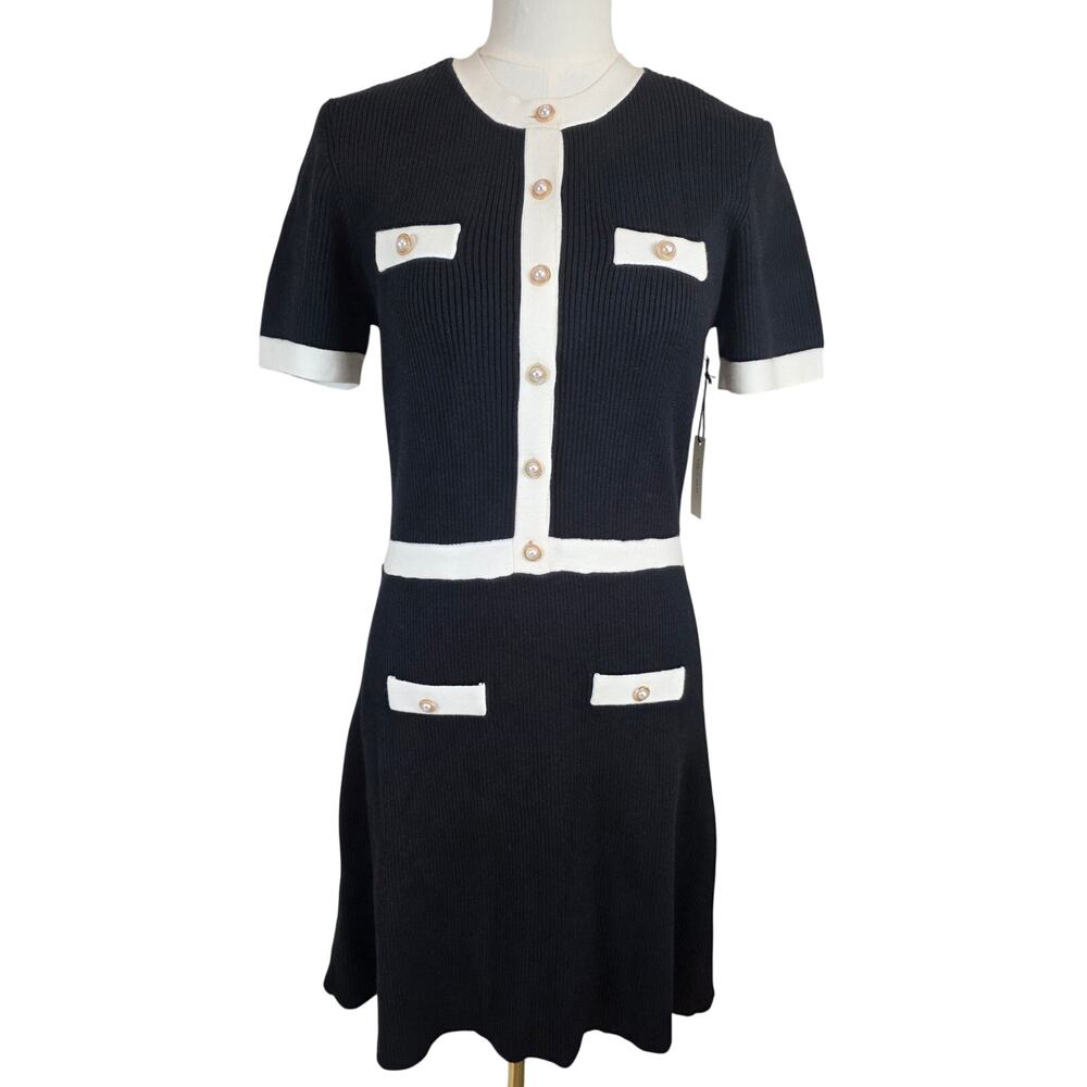 Mila Mae Black & White Ribbed Mini Dress‎ w/Accent Buttons